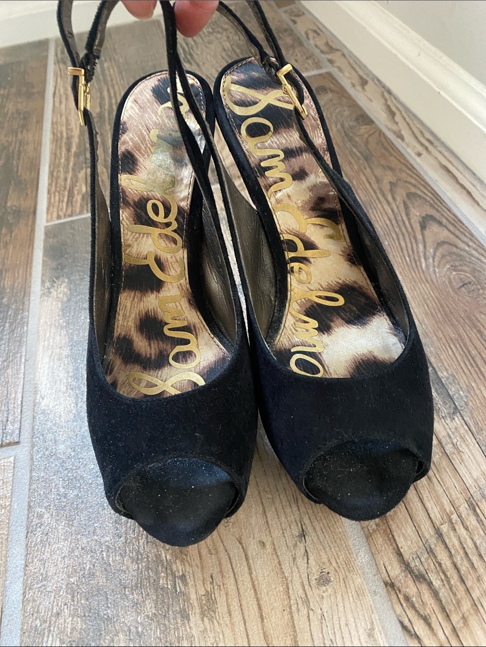 Sam Edelman Black Suede Peep-Toe Slingback Heels with Gold Buckle